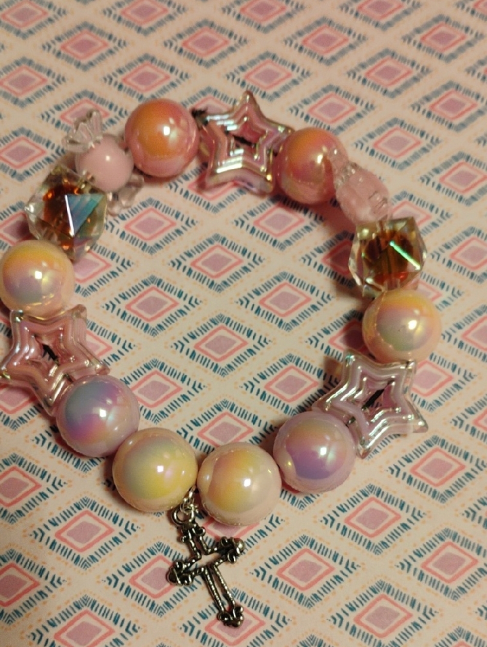 Iridescent Pastel Pink Star & Cross Beaded Bracelet